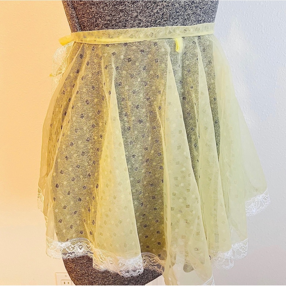 Vintage Mesh Yellow Polka Dot Waist Apron Pinup Girl Handmade Frilly Lace Sheer - Picture 2 of 5